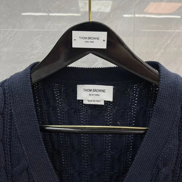 Thom Browne Chunky Cable Knit Navy Cardigan - Main Image